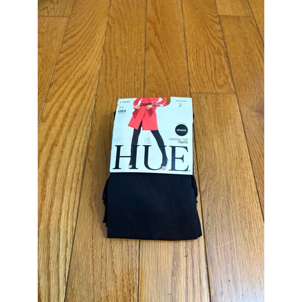 New Hue Black Control Top Tights 2 Pair Pack 40 Denier Opaque Size 2 Made in USA